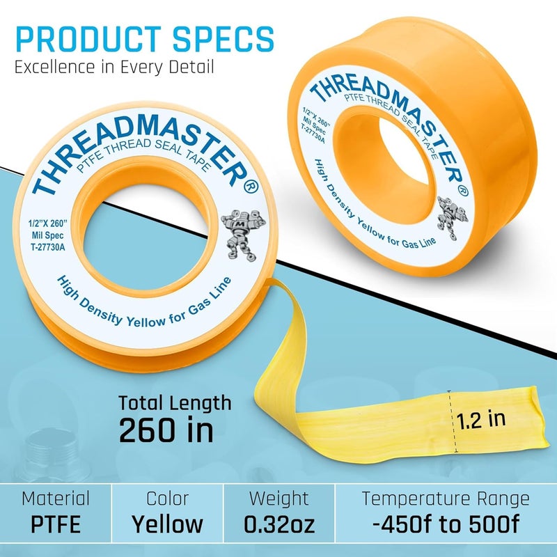 TAPEWELL Yellow Gas Teflon Tape, Pipe Thread Sealant, 260" Length 1/2" Width, for Propane, Natural Gas, & More, Pack of 2 (6) - Image 2